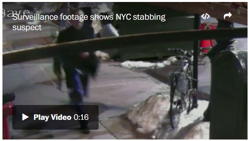 Surveillance footage allegedly shows a man New York City police say is accused of a stabbing attack on a black man. (New York Police Department)